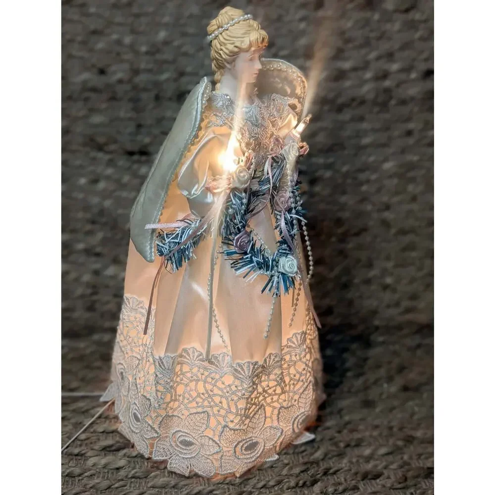 Vintage Traditions Lighted Angel Christmas Tree Topper Satin Gown Roses Beaded